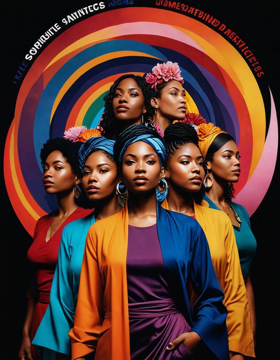 A powerful depiction of diverse women standing united against a dark background, facing a swirling, chaotic vortex symbolizing societal challenges. The women are dressed in vibrant, empowering attire, each representing different cultural backgrounds, with expressions of determination and resilience. Surrounding them are symbols of empowerment, such as books, protest signs, and flowers, illustrating a positive transformation. Use a bold, modern style with deep contrasts to emphasize strength. super-realistic. vibrant colors. dark background.