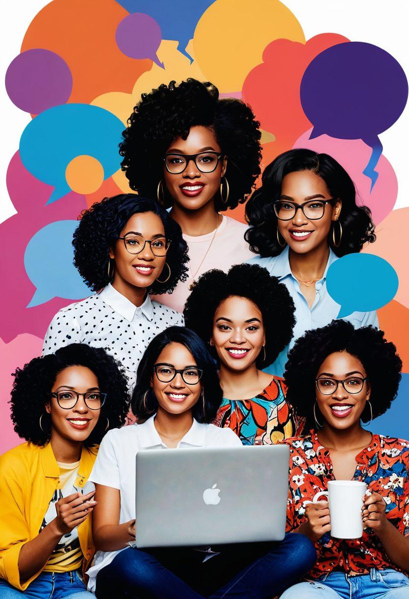 A vibrant collage showcasing diverse women blogging, with elements like laptops, notebooks, and coffee cups surrounded by speech bubbles expressing bold thoughts. Incorporate symbols of empowerment like flowers, lightning bolts, and abstract patterns representing creativity. The scene should convey a sense of community and connection among women sharing their voices online. super-realistic. vibrant colors. dynamic background.
